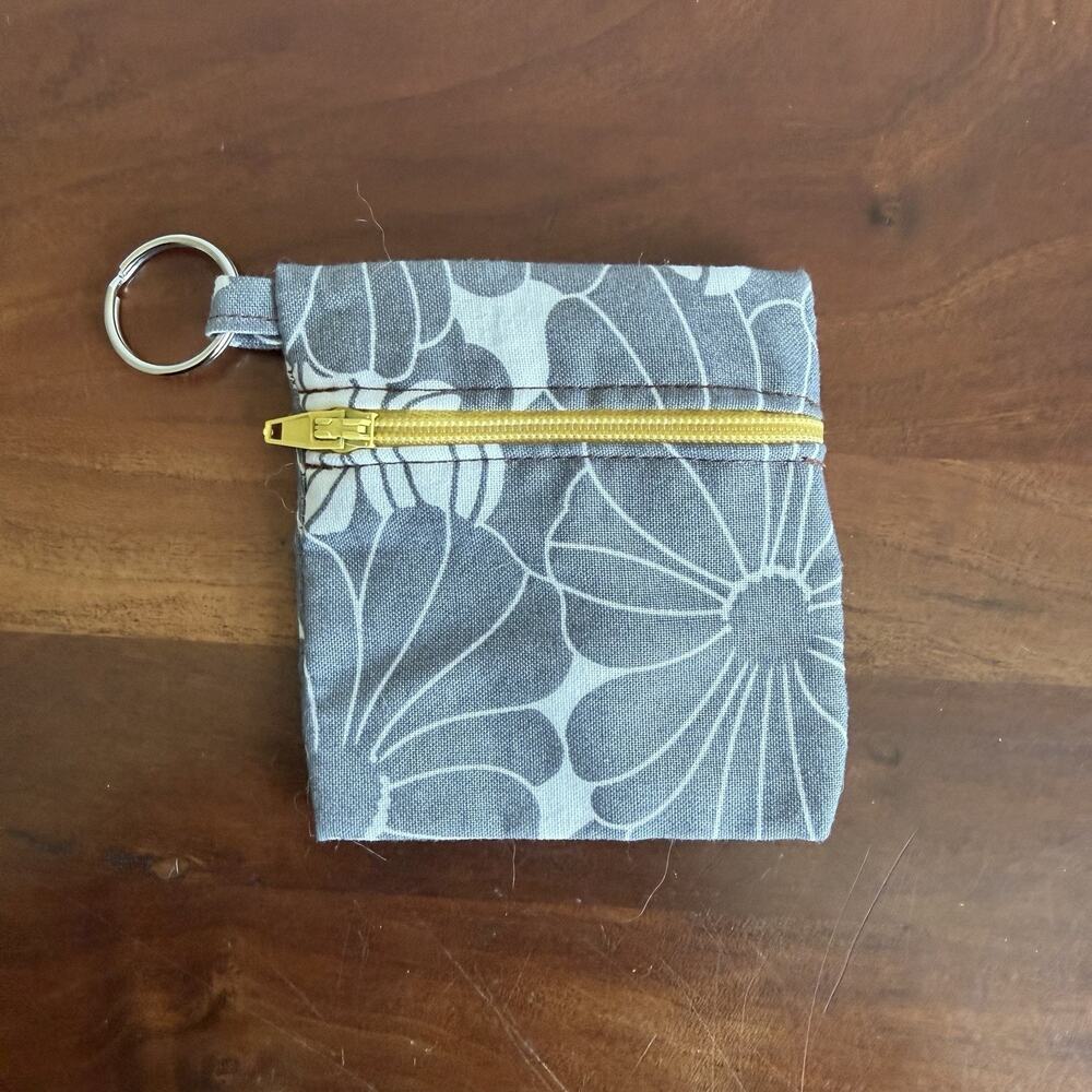 Handmade Gray White Floral Print Coin Pouch with Keychain Clip Zip Closure